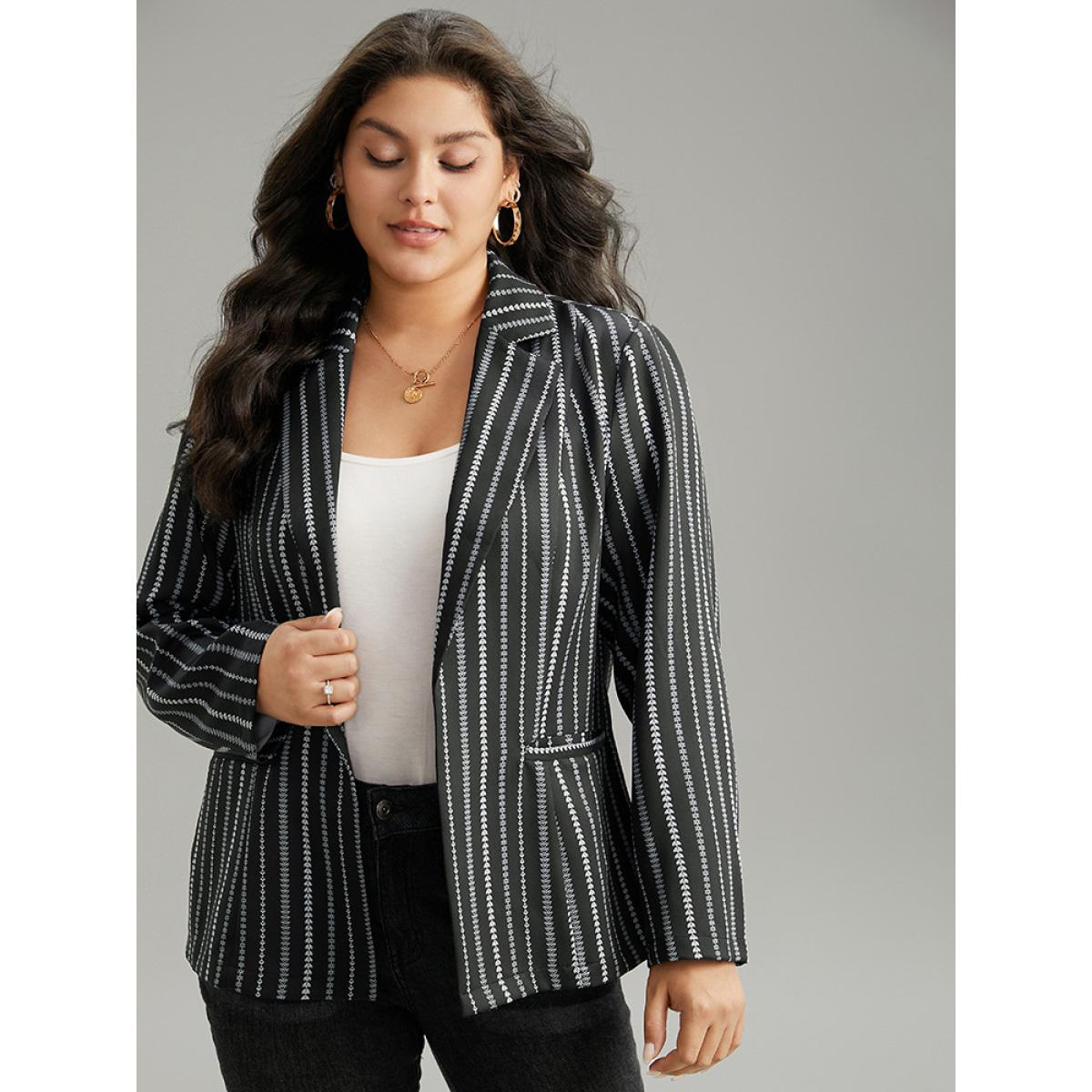 Plus Size Geometric Pocket Contrast Suit Collar Blazer Black Women Dailywear Geometric Contrast Sleeve Long Sleeve Suit Collar 14-16/1X Pocket Casual Blazers BloomChic Product Image