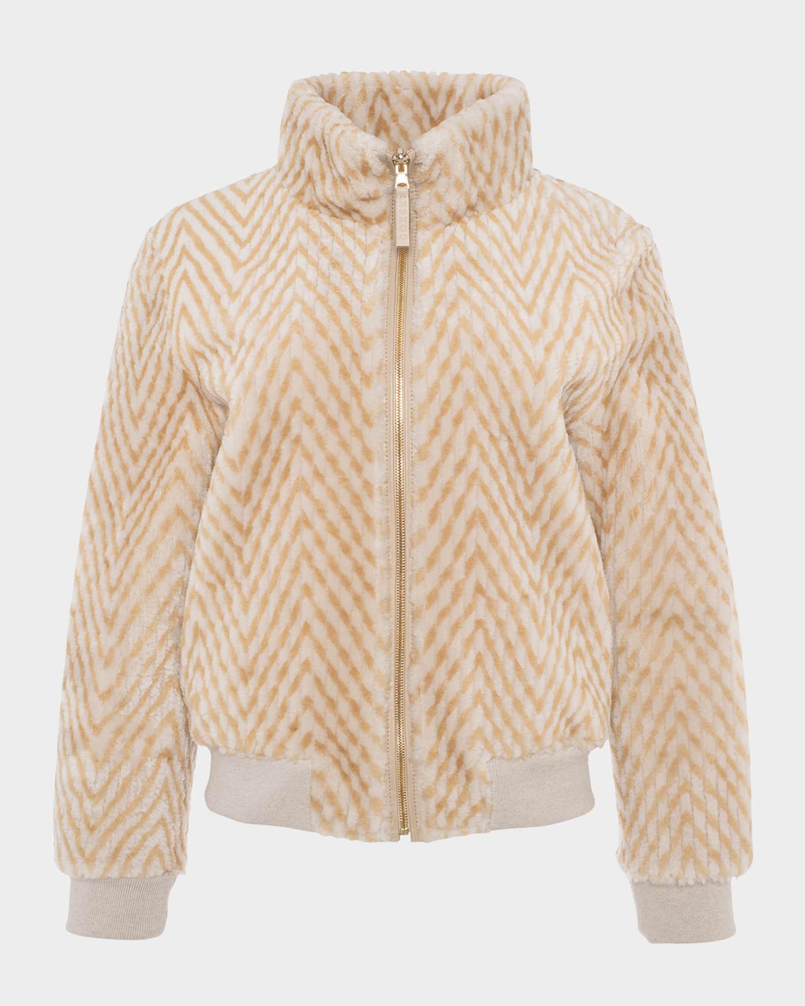 Reversible Chevron-Print Grooved Shearling Lamb Bomber Jacket Product Image
