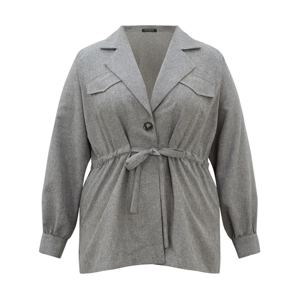 Plus Size Plain Pocket Drawstring Button Up Suit Collar Coat Women DimGray Casual Plain Ladies Dailywear Winter Coats BloomChic 26/4X Product Image