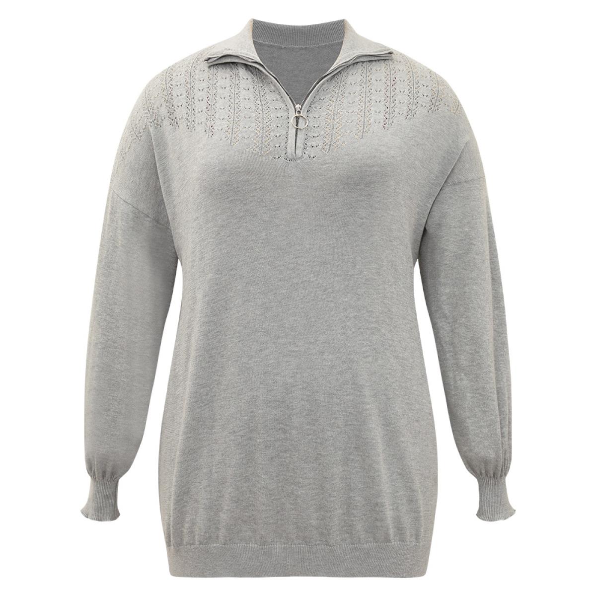 Plus Size Plain Lapel Collar Plisse Zipper Pullover LightGray Women Casual Loose Long Sleeve Lapel Collar Dailywear Pullovers BloomChic 26/4X Product Image