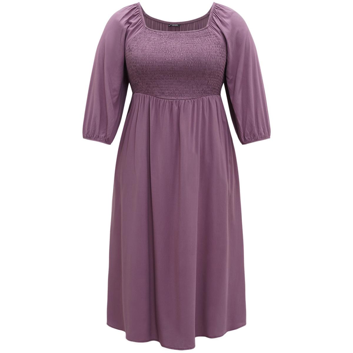 Plus Size Plain Shirred Square Neck Elastic Cuffs Dress Mauve Women Elegant Elastic cuffs Square Neck Elbow-length sleeve Curvy Midi Dress BloomChic 18-20/2X Product Image