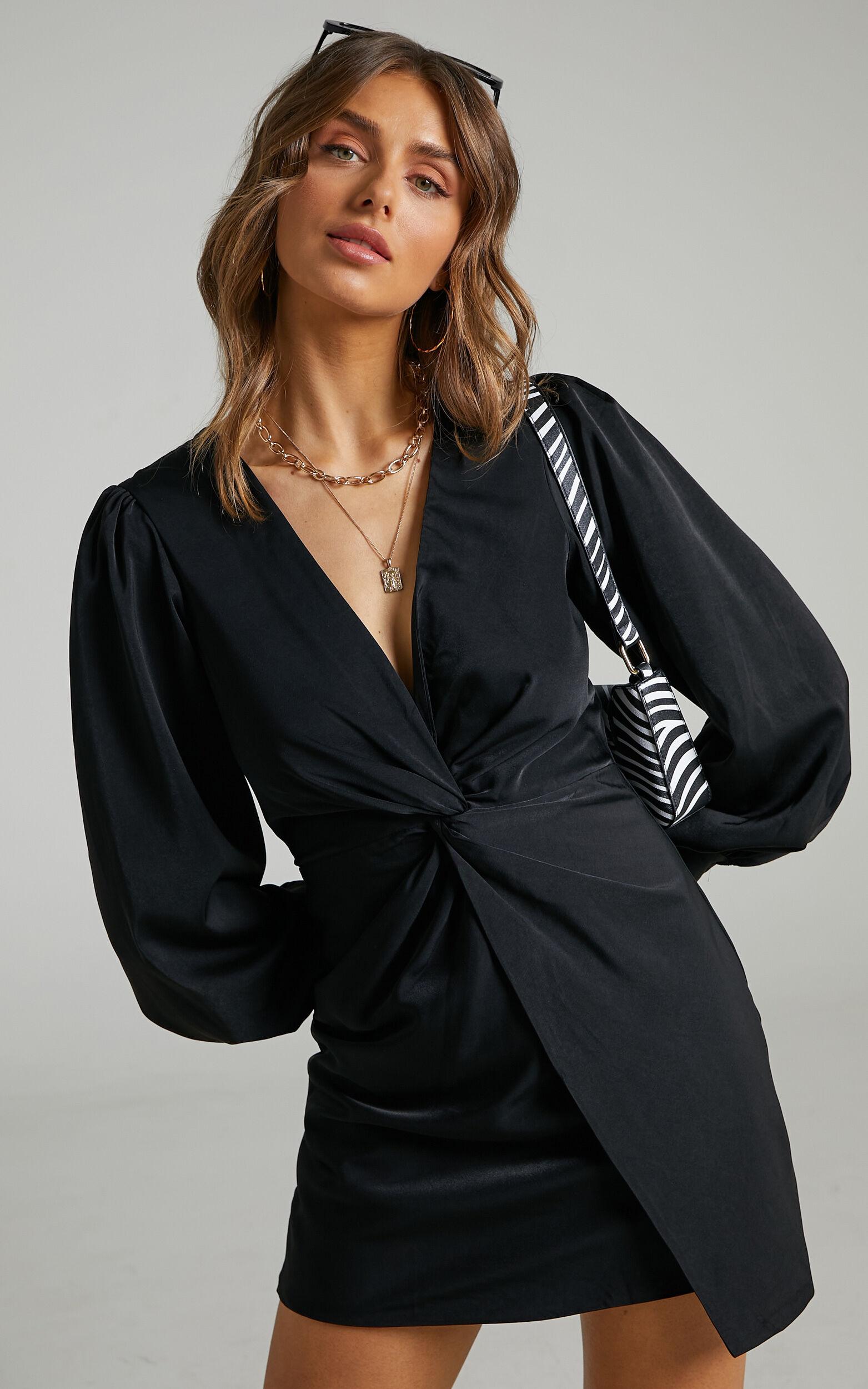 Billie Mini Dress - Twist Front Long Puff Sleeves Dress in Black Product Image