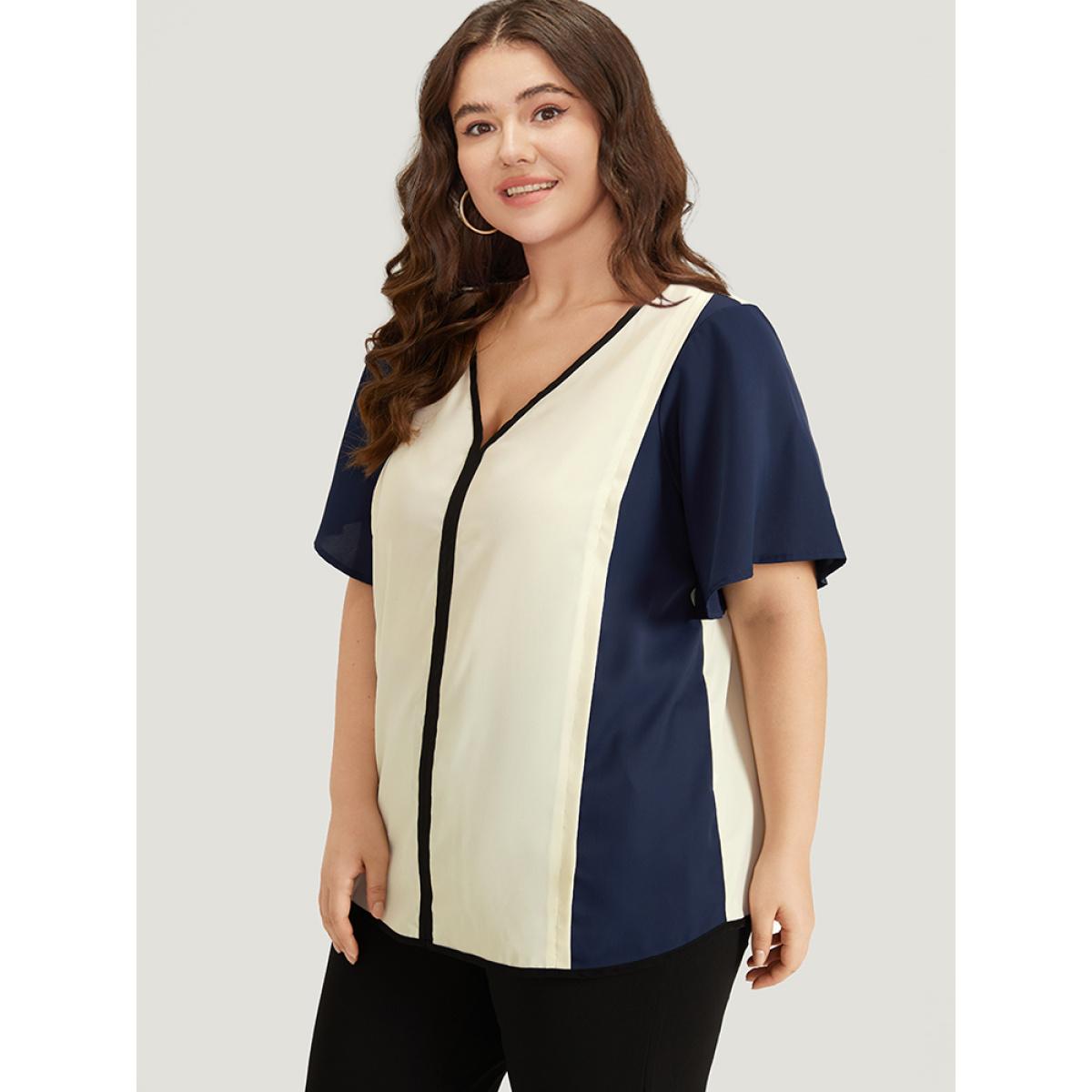 Plus Size Beige Contrast Patchwork V Neck Ruffle Sleeve Blouse Women Office Short sleeve V-neck Work Blouses BloomChic 14-16/1X Product Image