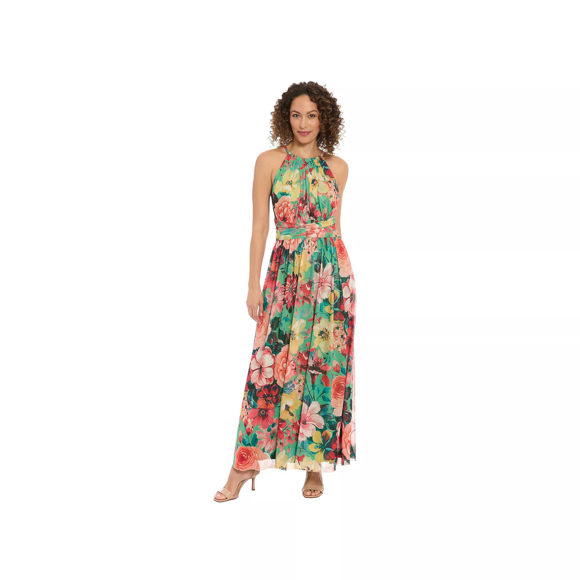Women's London Times Floral Halter Ruched Maxi Dress, Size: 8, Green Yellow Product Image