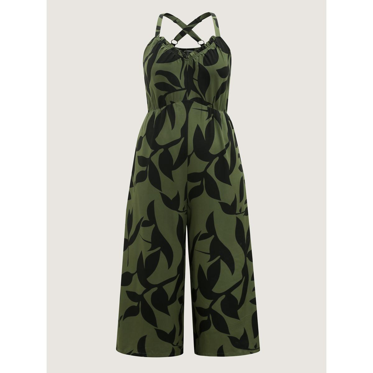 Plus Size ArmyGreen Silhouette Floral Print Sweetheart Jumpsuit Women Resort Sleeveless V-neck Vacation Loose Jumpsuits BloomChic 30/6X Product Image