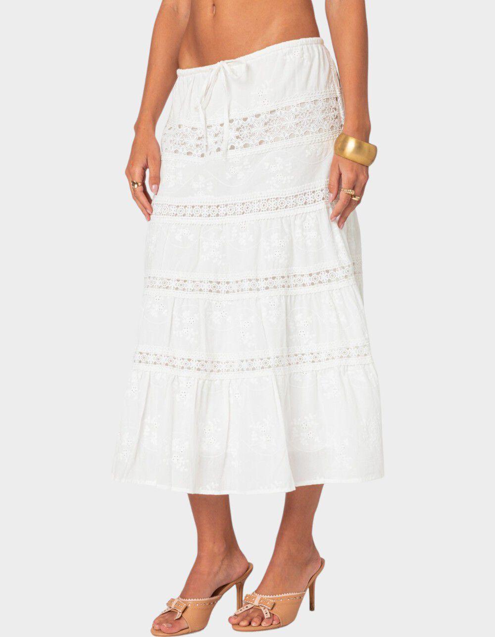 EDIKTED Tiered Cotton Lace Midi Skirt - WHITE Product Image