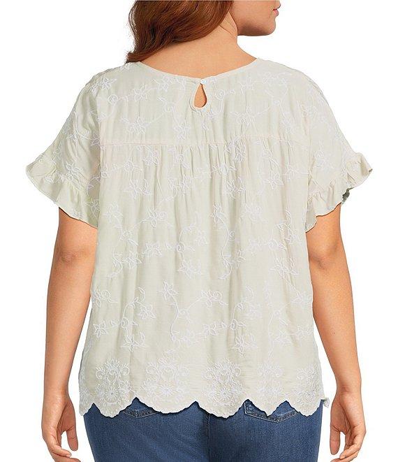 Leo & Nicole Plus Size Allover Embroidered Crew Neck Short Ruffle Scalloped Hem Top Product Image