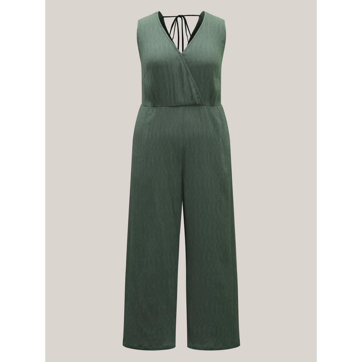 Plus Size Emerald Textured Plain Pockets Wide-Leg Jumpsuit Women Sleeveless Overlap Collar Casual Loose Jumpsuits BloomChic 18-20/2X Product Image