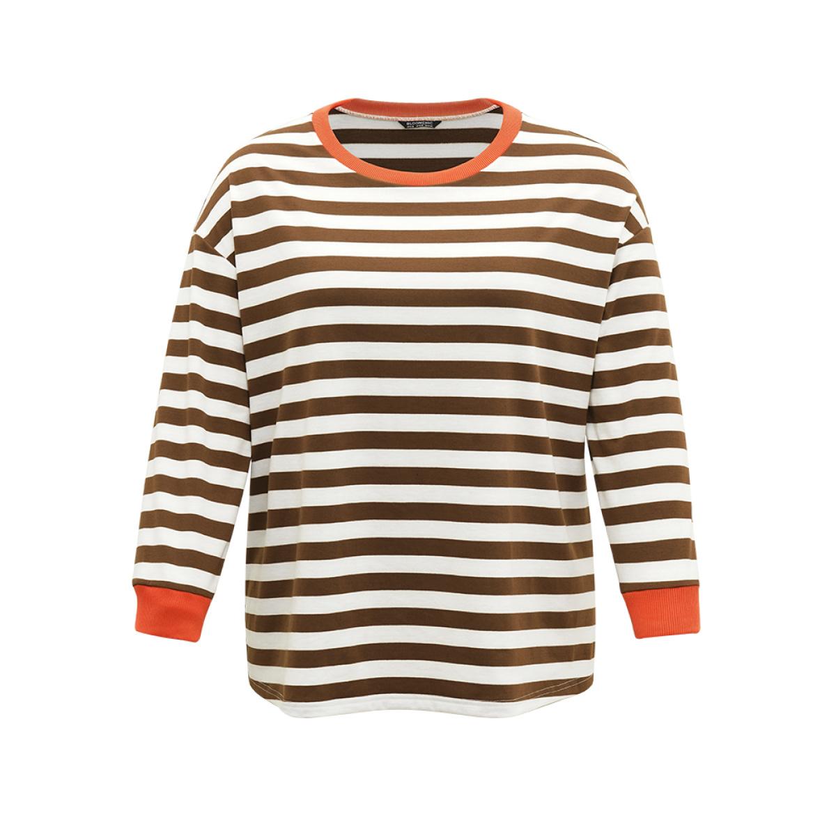 Plus Size Striped Contrast Elastic Cuffs Crew Neck Sweatshirt Women Maroon Casual Elastic cuffs Round Neck Dailywear Sweatshirts BloomChic 14-16/1X Product Image