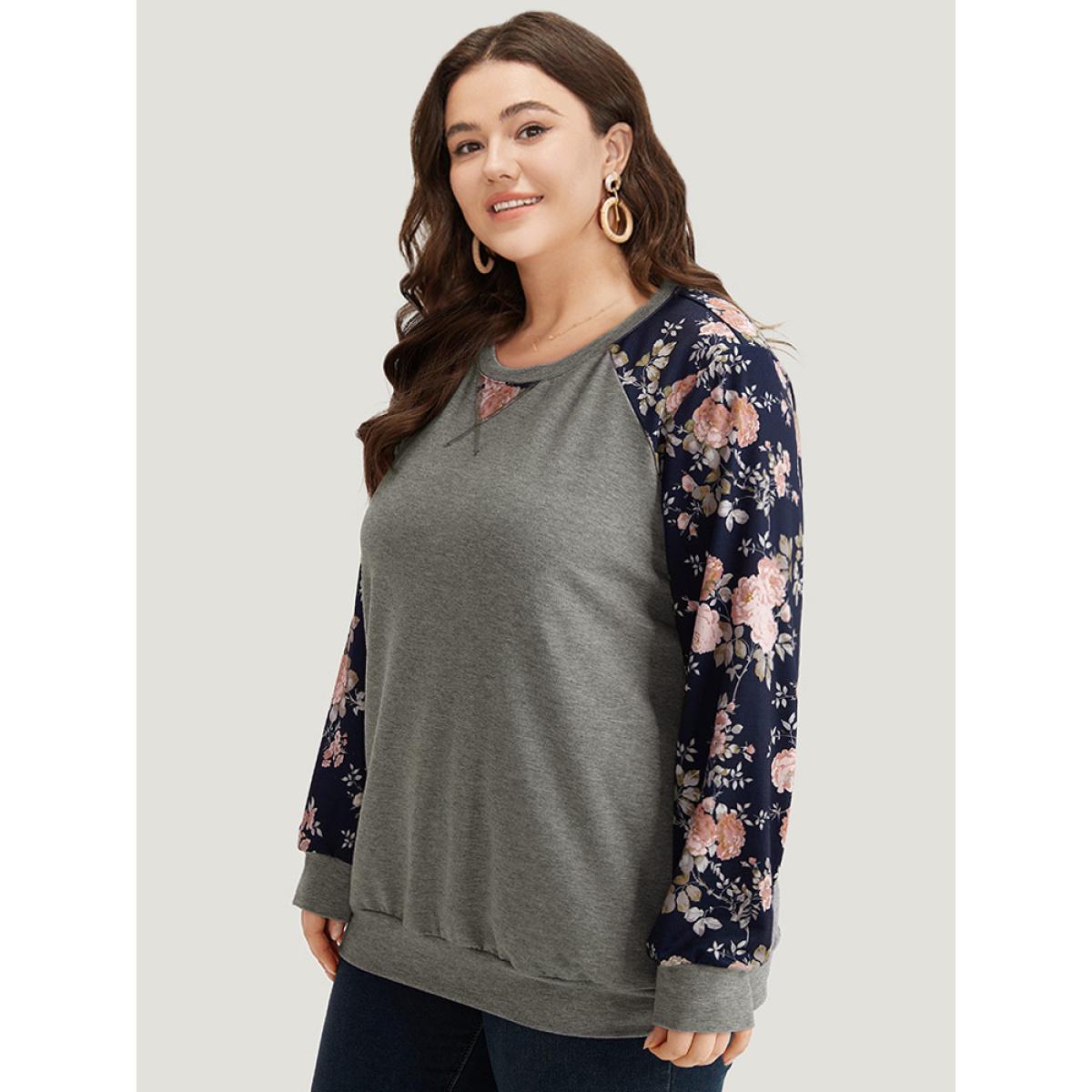 Plus Size Floral Patchwork Raglan Sleeve Sweatshirt Women Gray Elegant Contrast Round Neck Everyday Sweatshirts BloomChic 28/5X Product Image