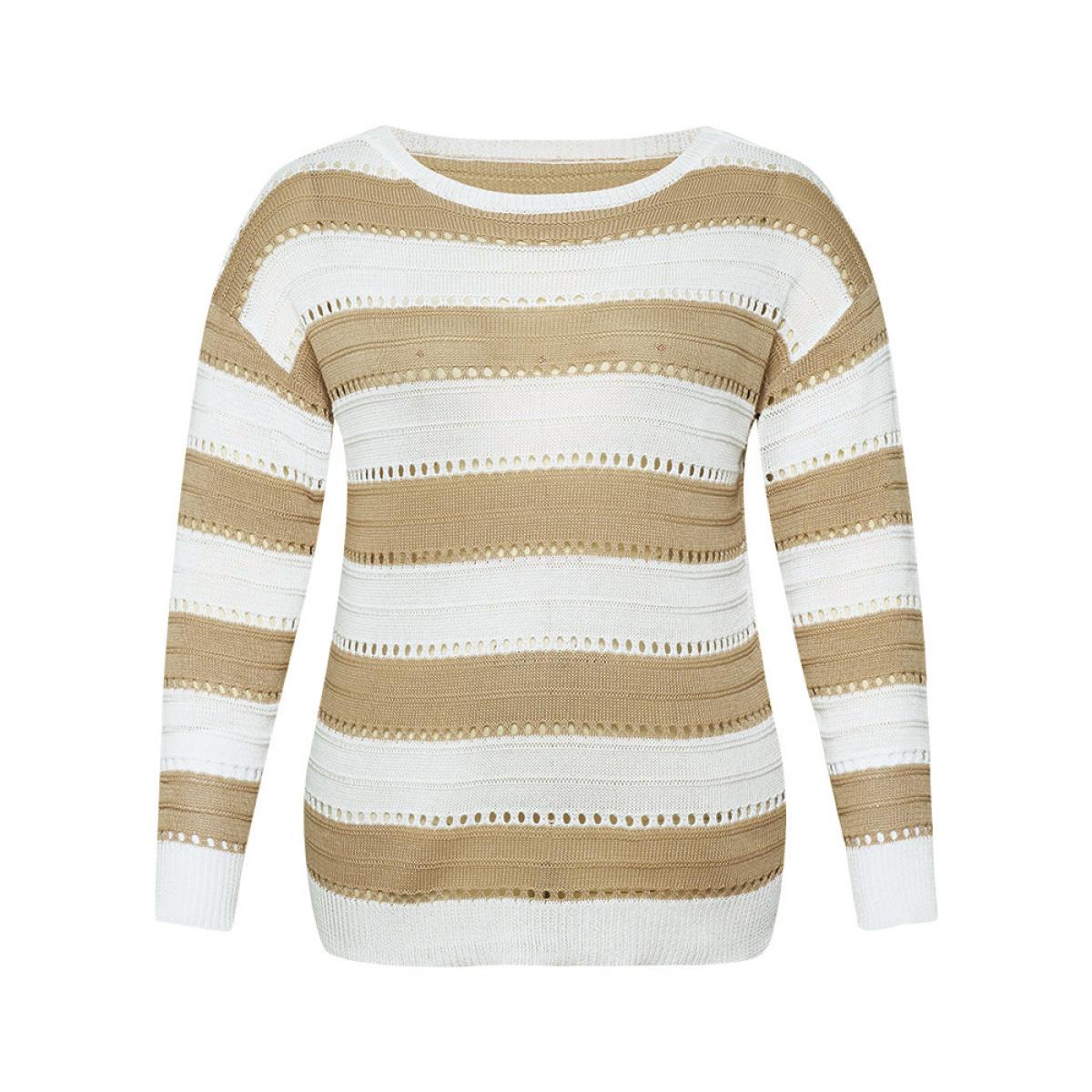 Plus Size Colorblock Contrast Drop Shoulder Elastic Cuffs Pullover Tan Women Casual Loose Long Sleeve Round Neck Everyday Pullovers BloomChic 26/4X Product Image