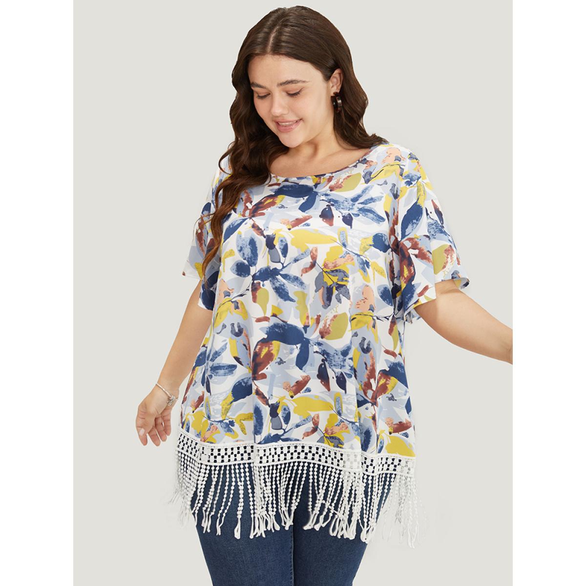 Plus Size Stone Plant Print Ruffle Sleeve Lace Fringe Hem Blouse Women Elegant Short sleeve Round Neck Dailywear Blouses BloomChic 14-16/1X Product Image