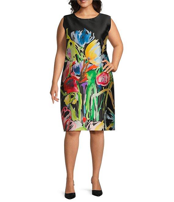 Caroline Rose Plus Mikado Brilliant Bouquet Round Neck Sleeveless Sheath Dress Product Image