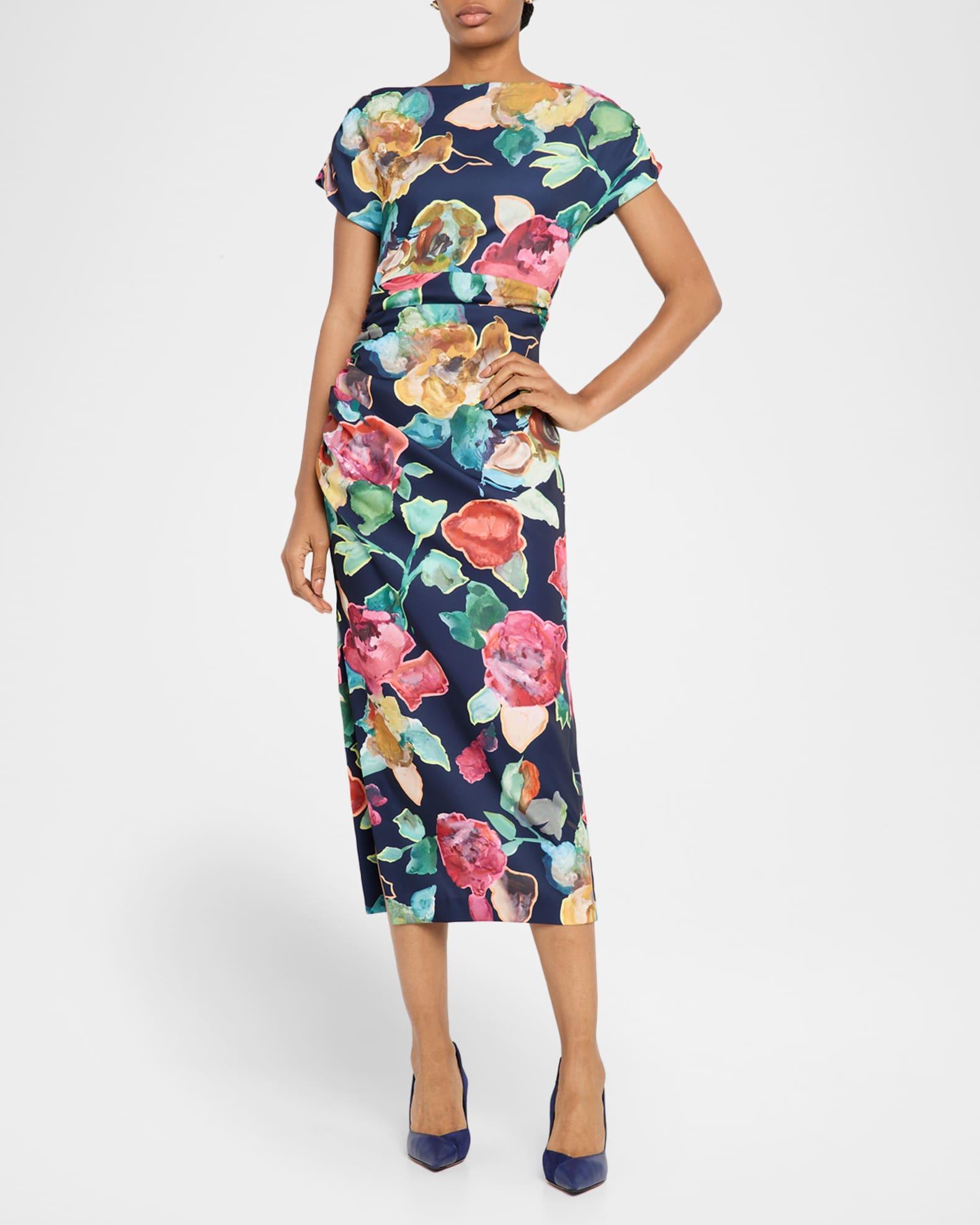 Floral Print Ruched Crepe Midi Dress Product Image
