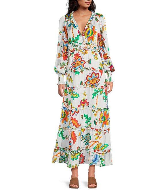 Chelsea & Violet Margaux Floral Print Long Sleeve Deep V-Neckline Plisse Dress Product Image