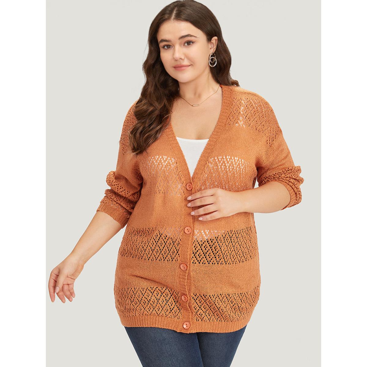 Plus Size Plain Geometric Eyelet Button Through Loose Cardigan Orange Women Casual Loose Long Sleeve Dailywear Cardigans BloomChic 22-24/3X Product Image