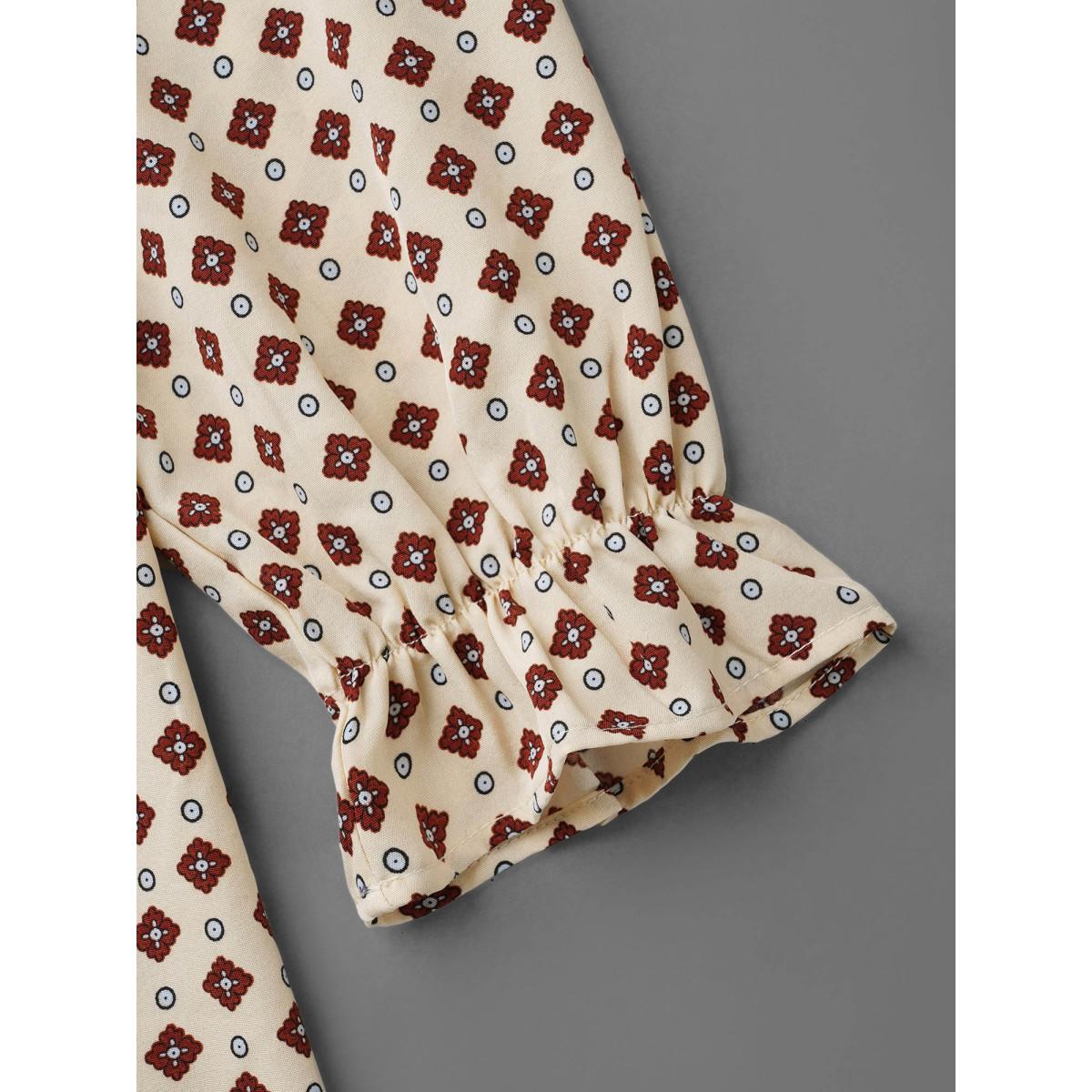 Plus Size Apricot Round Neck Geometric Print Pleated Blouse Women At the Office Long Sleeve Round Neck Office Blouses BloomChic 12/L Product Image