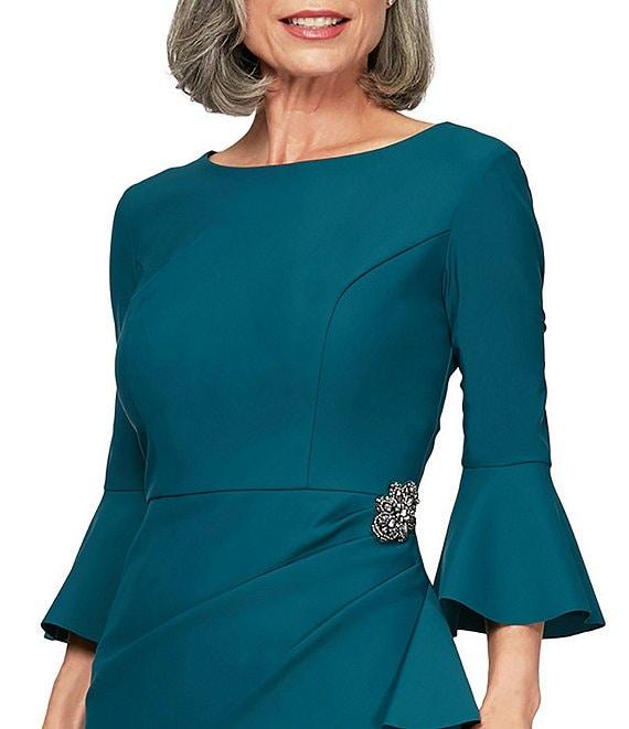 Alex Evenings Scuba Crepe Round Neck 3/4 Bell Sleeve Embellished Brooch Cascade Ruffle Compression Sheath Dress Product Image