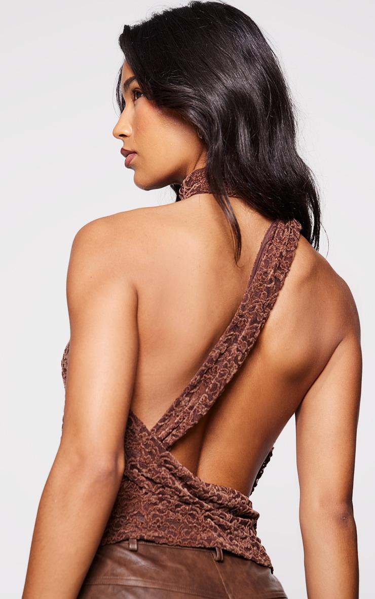 Brown Velvet Lace Highneck Cut Out Long Top Product Image