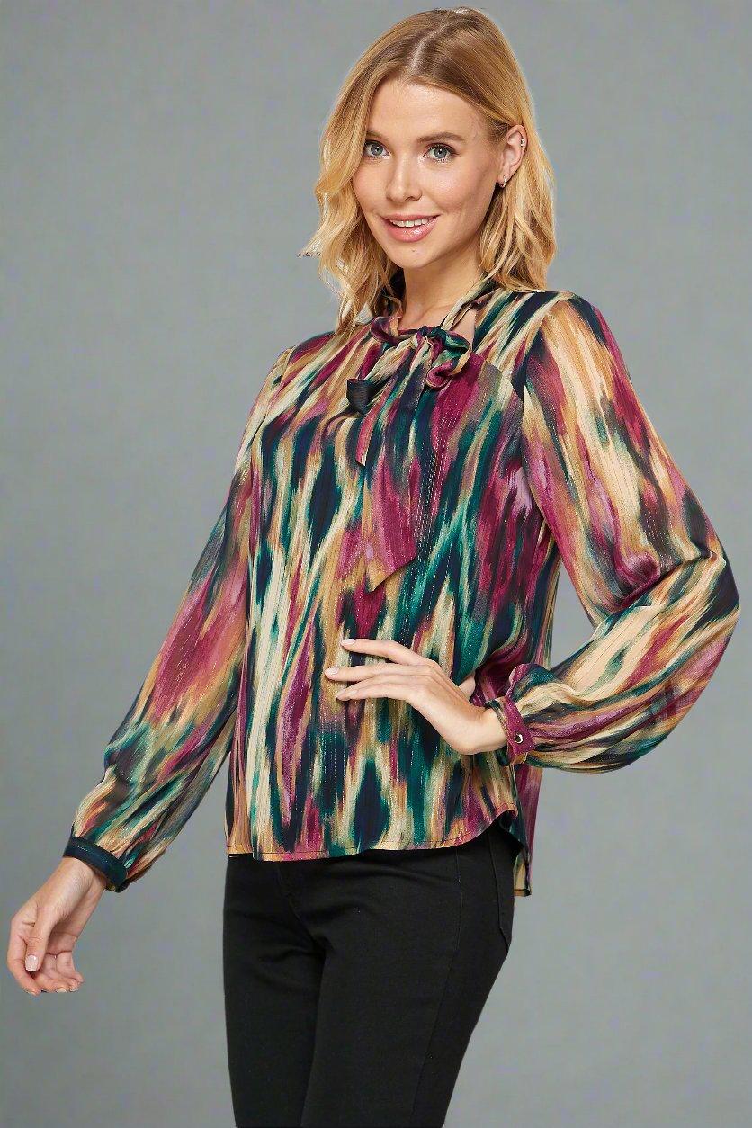 Burgundy Long Sleeve Side-Tie Neck Blouse Product Image