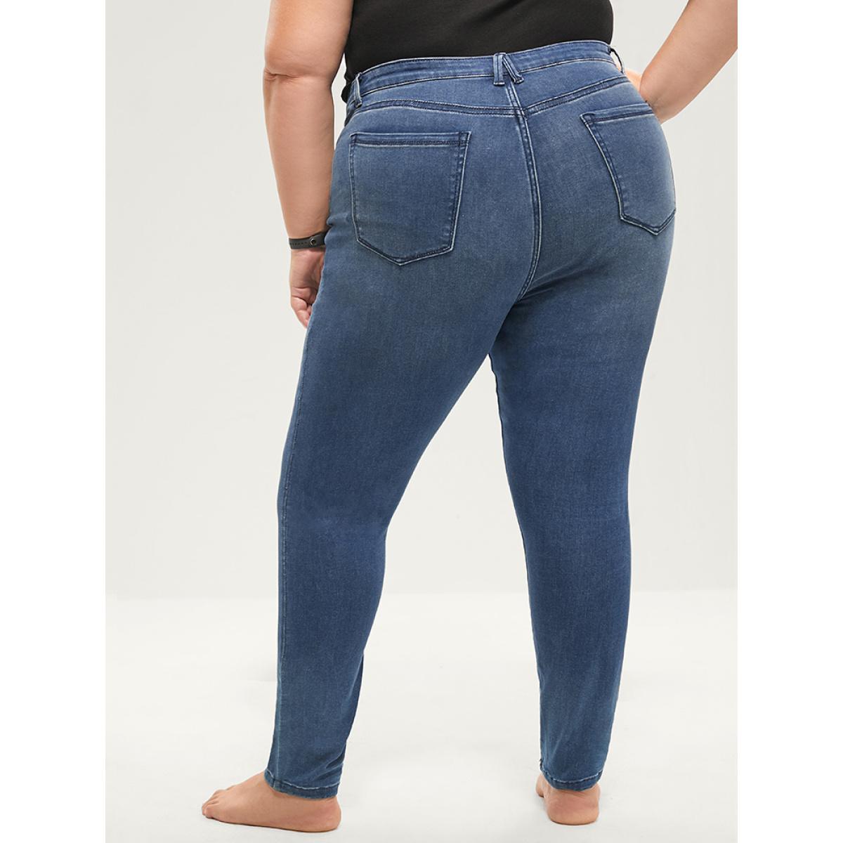 Plus Size Skinny Extremely Stretchy High Rise Medium Wash Sculpt Waist Jeans Women Blue Casual Plain Tummy control Super stretch Slanted pocket Jeans BloomChic 24/3X Product Image