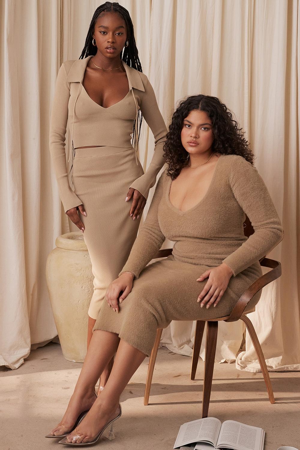 Heather  camel knit midi skirt - sale Product Image