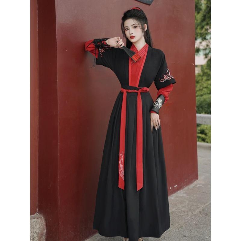 Traditional Chinese Long-Sleeve Embroidered Wrap Top / Short-Sleeve Light Jacket / Head Scarf / High Waist Maxi A-Line Skirt / Wrist Cuff / Set Product Image