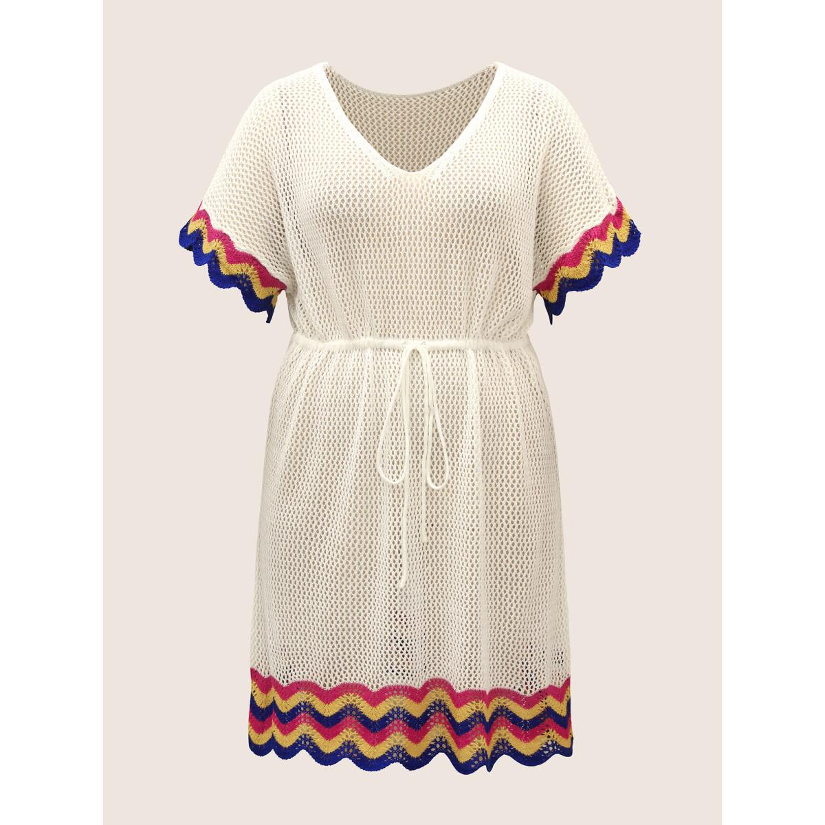 Plus Size Deep V Neck Contrast Striped Drawstring Swim Cover Up Women's Swimwear Ivory Beach Loose Texture Curve Swim Cover Ups BloomChic 22-24/3X Product Image