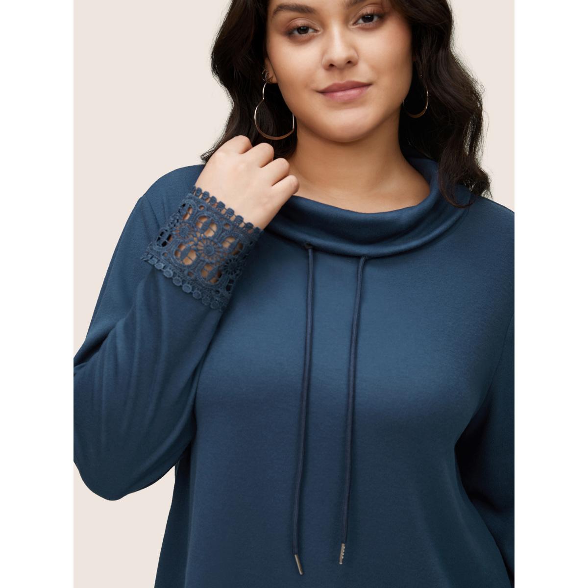 Plus Size Plain Lace Patchwork Lapel Collar Drawstring T-shirt Indigo Women Casual Plain Plain Lapel Collar Dailywear T-shirts BloomChic 10/M Product Image