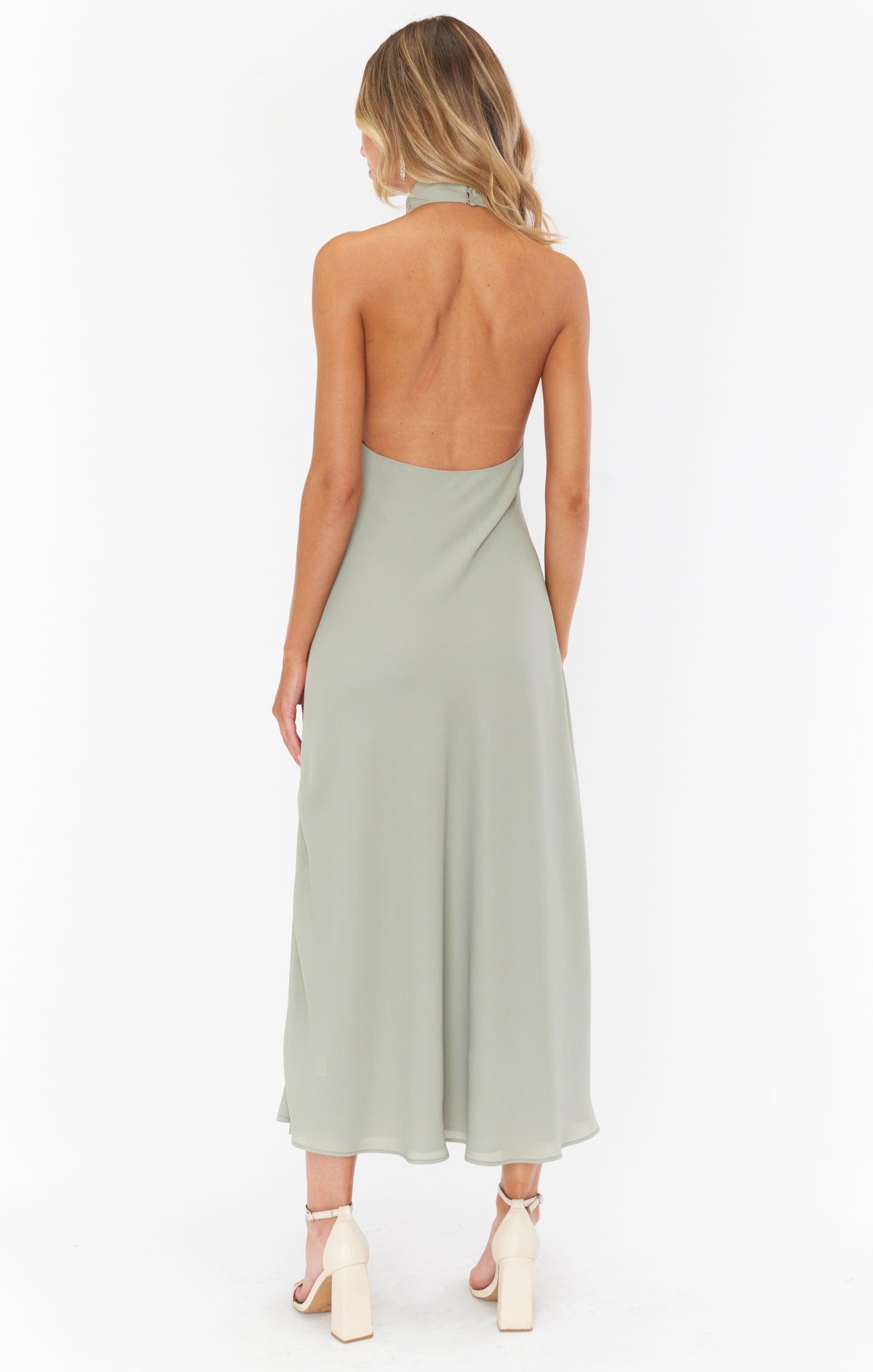 Jasmine Halter Midi Dress ~ Moss Green Crisp Product Image