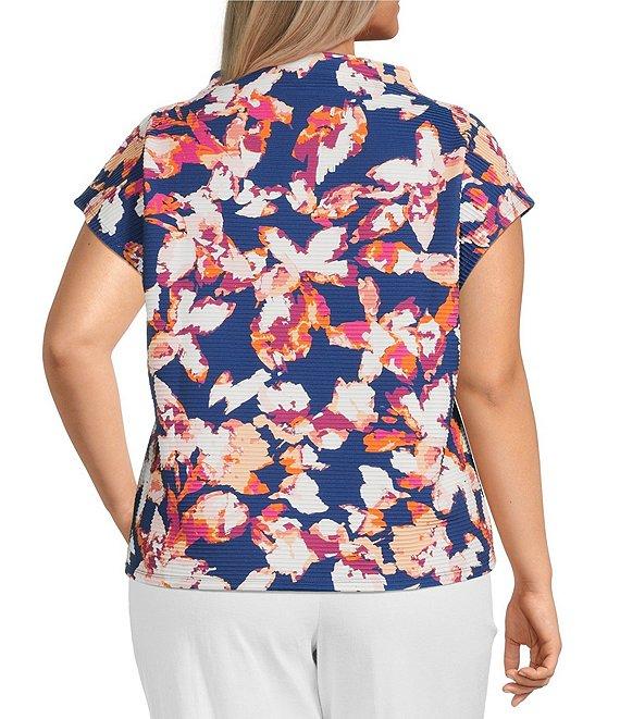 Investments Plus Size Knit Blue Autumn Floral Short Sleeve High Neck Ottoman Top Product Image