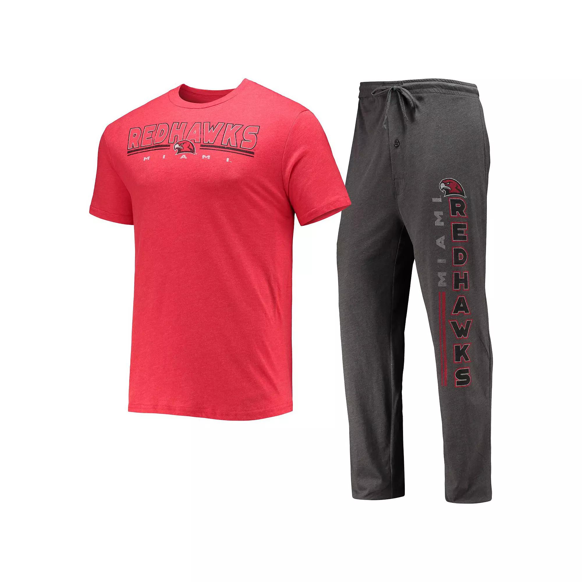 Men's Concepts Sport Heathered Charcoal/Red Miami University RedHawks Meter T-Shirt & Pants Sleep Set,  Product Image