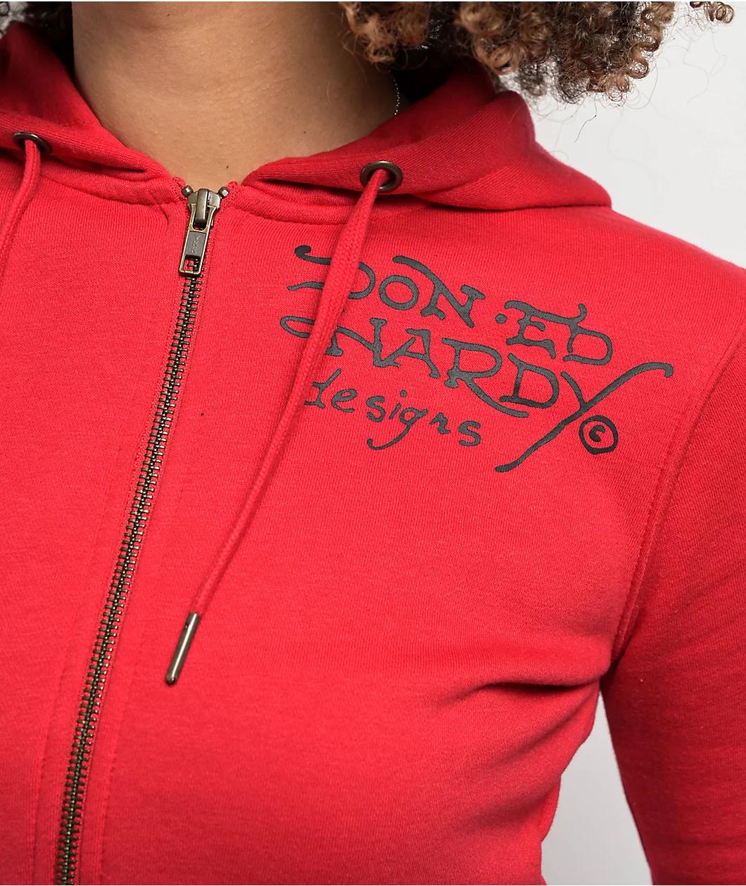 Ed Hardy Panther Dagger Red Crop Zip Hoodie Product Image