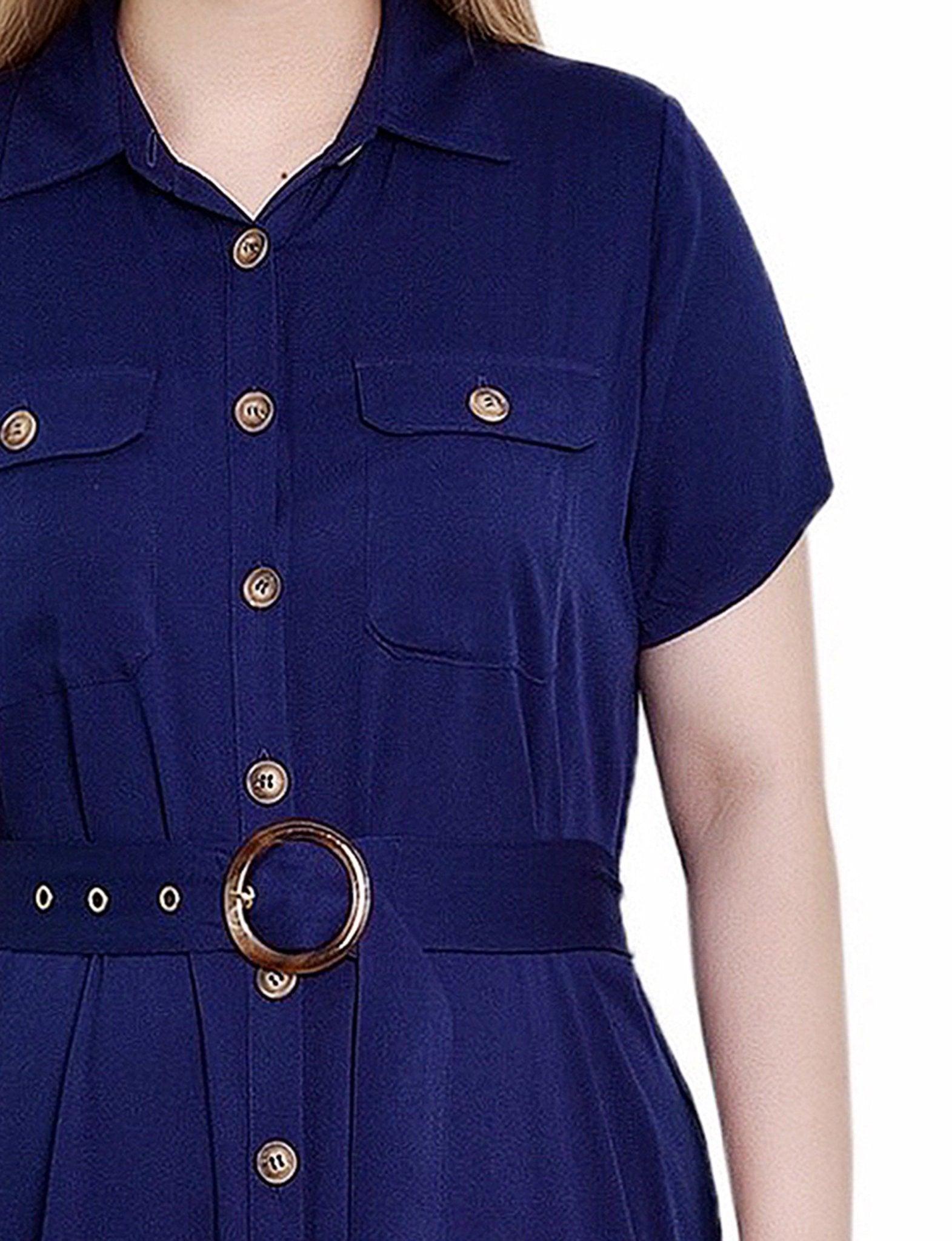 Navy Short Sleeve Midi Twill Dress - Petite Product Image