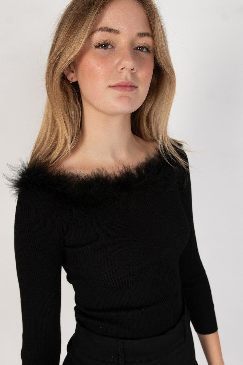 Off The Shoulder Feather Trim Sweater Product Image