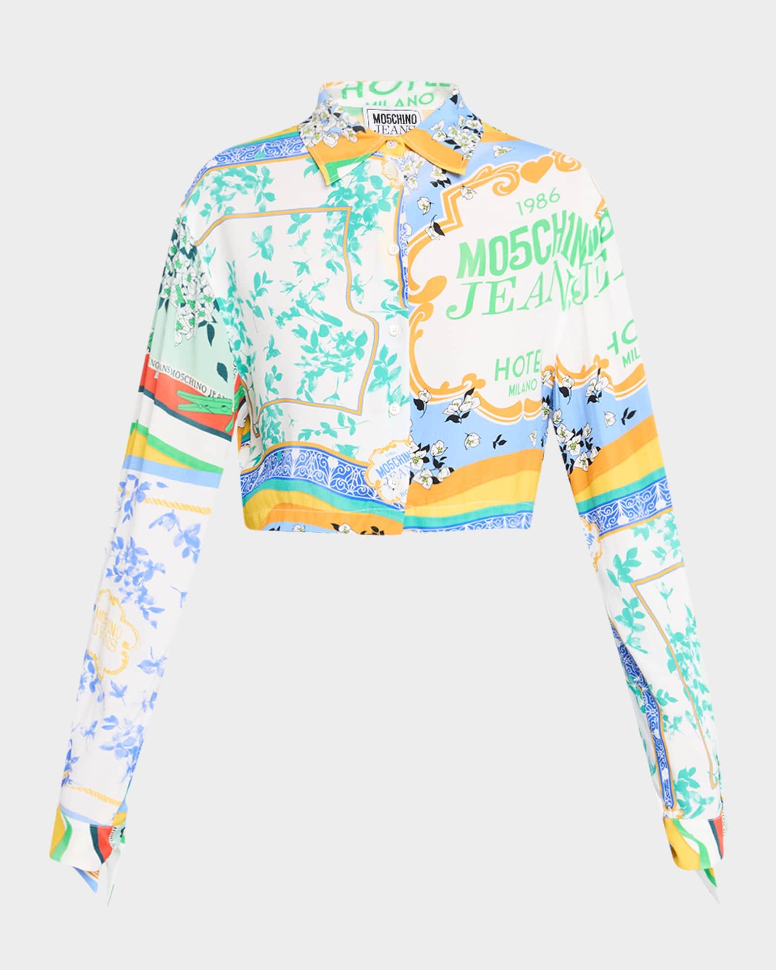 Cropped Long-Sleeve Scarf-Print Blouse Product Image