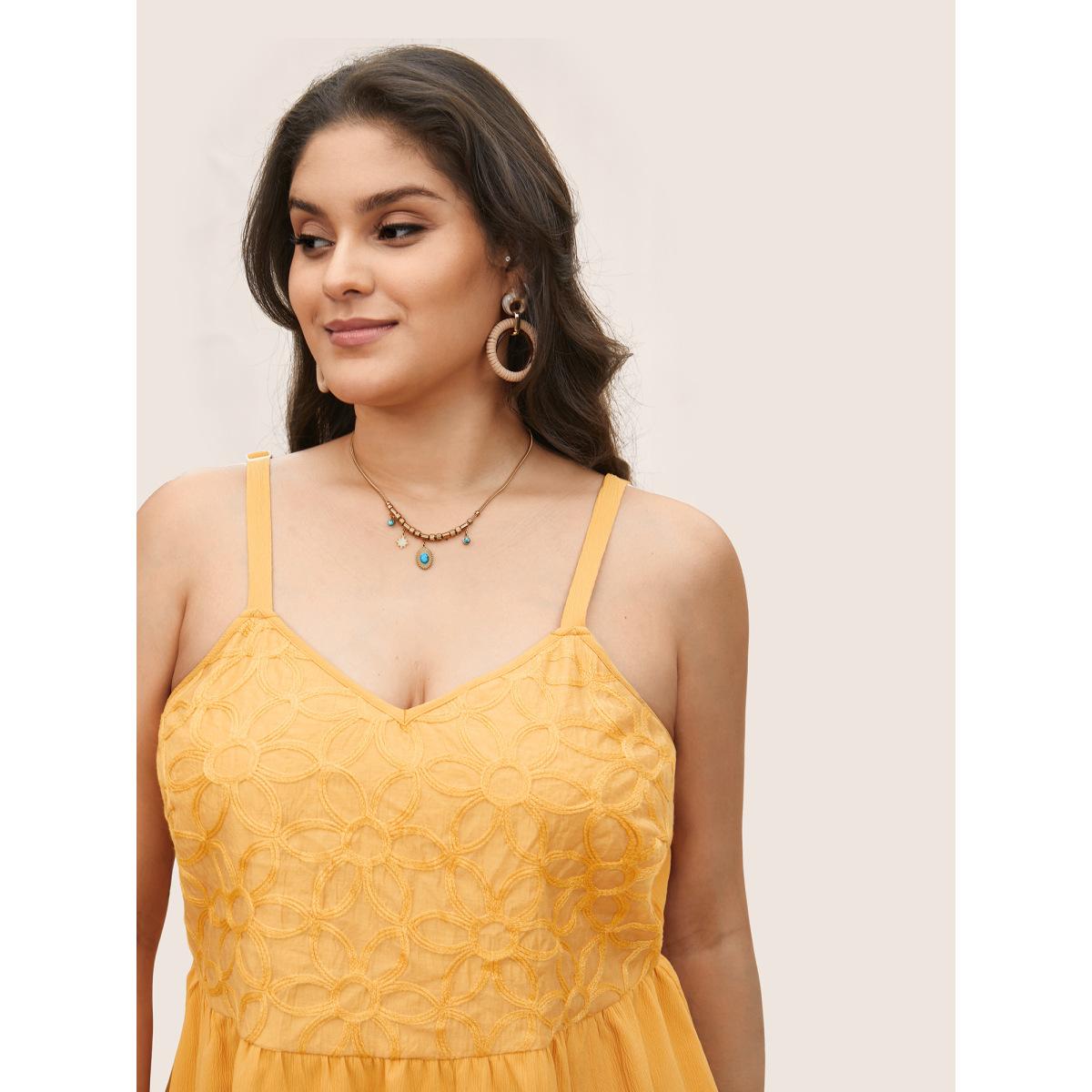 Plus Size Floral Texture Ruffle Layered Hem Cami Top Women Orange Resort Woven ribbon&lace trim Non Vacation Tank Tops Camis BloomChic 22-24/3X Product Image