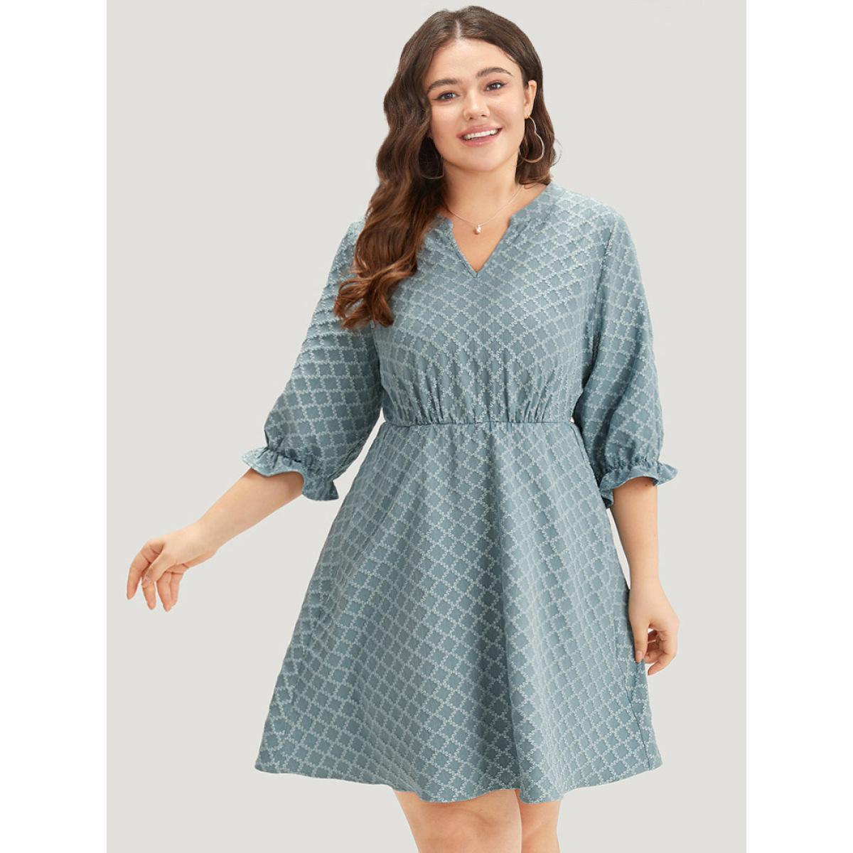 Plus Size Geo Plisse Pocket Lantern Sleeve Notched Dress Stone Women Office Elastic cuffs Notched collar Half Sleeve Curvy Knee Dress BloomChic 18-20/2X Product Image