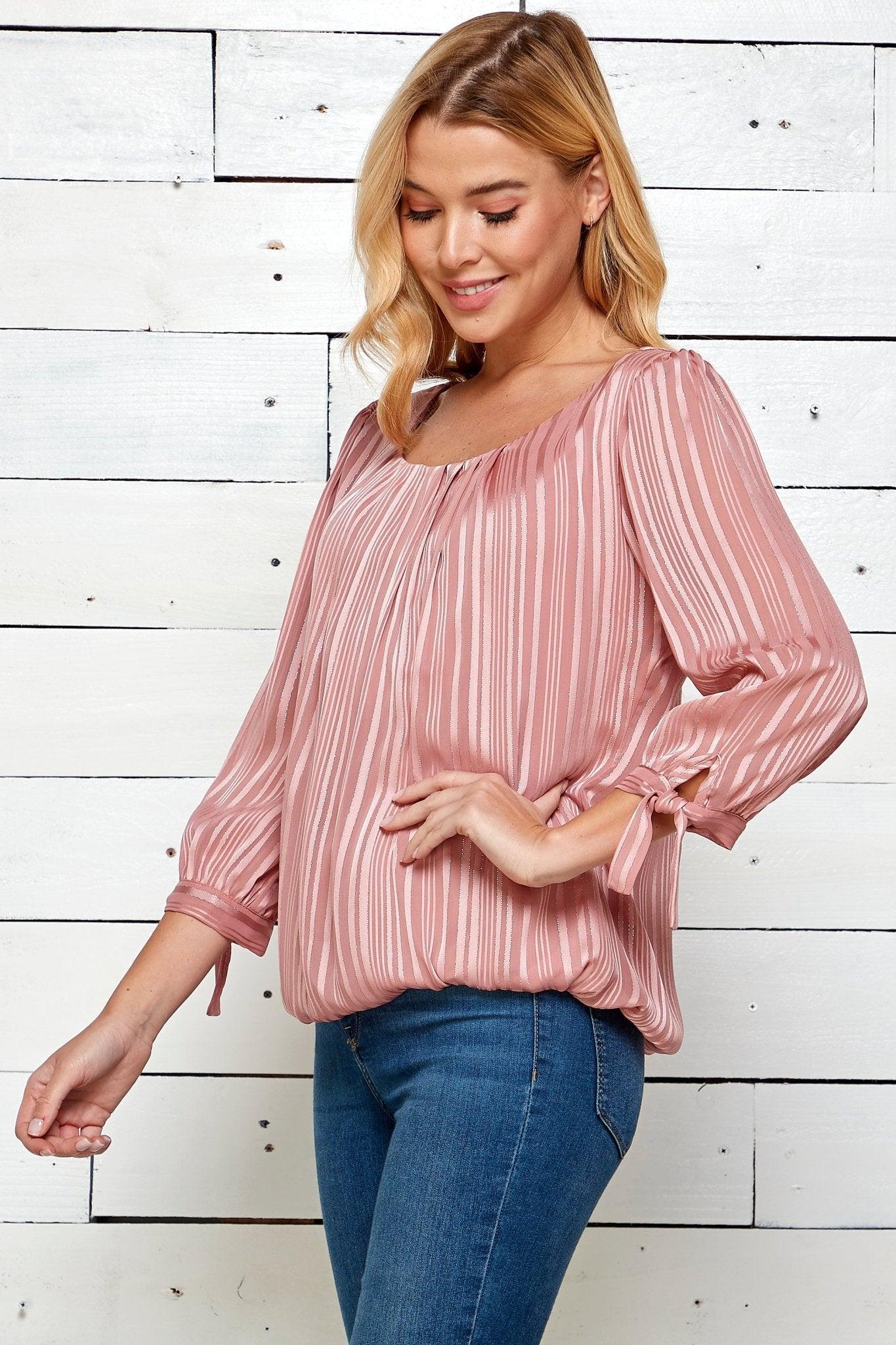 Roz & Ali 3/4 Length Tie Sleeve Pink Stripe Bubble Blouse Product Image