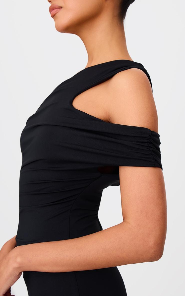 Black Double Layer Asymmetric Off Shoulder Maxi Dress Product Image