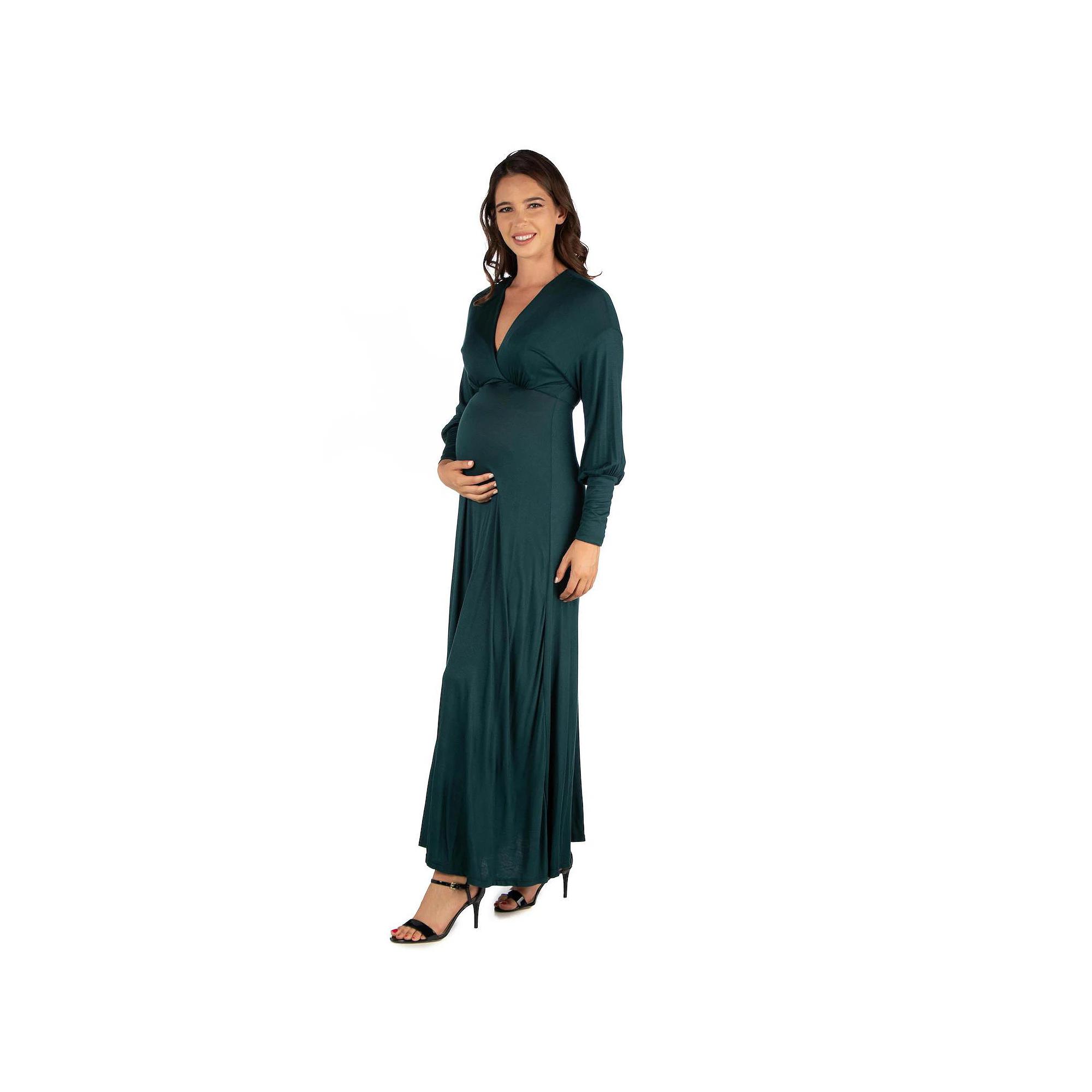 Maternity 24Seven Comfort Apparel V-Neck Long Sleeve Maxi Dress, Women's,  Product Image
