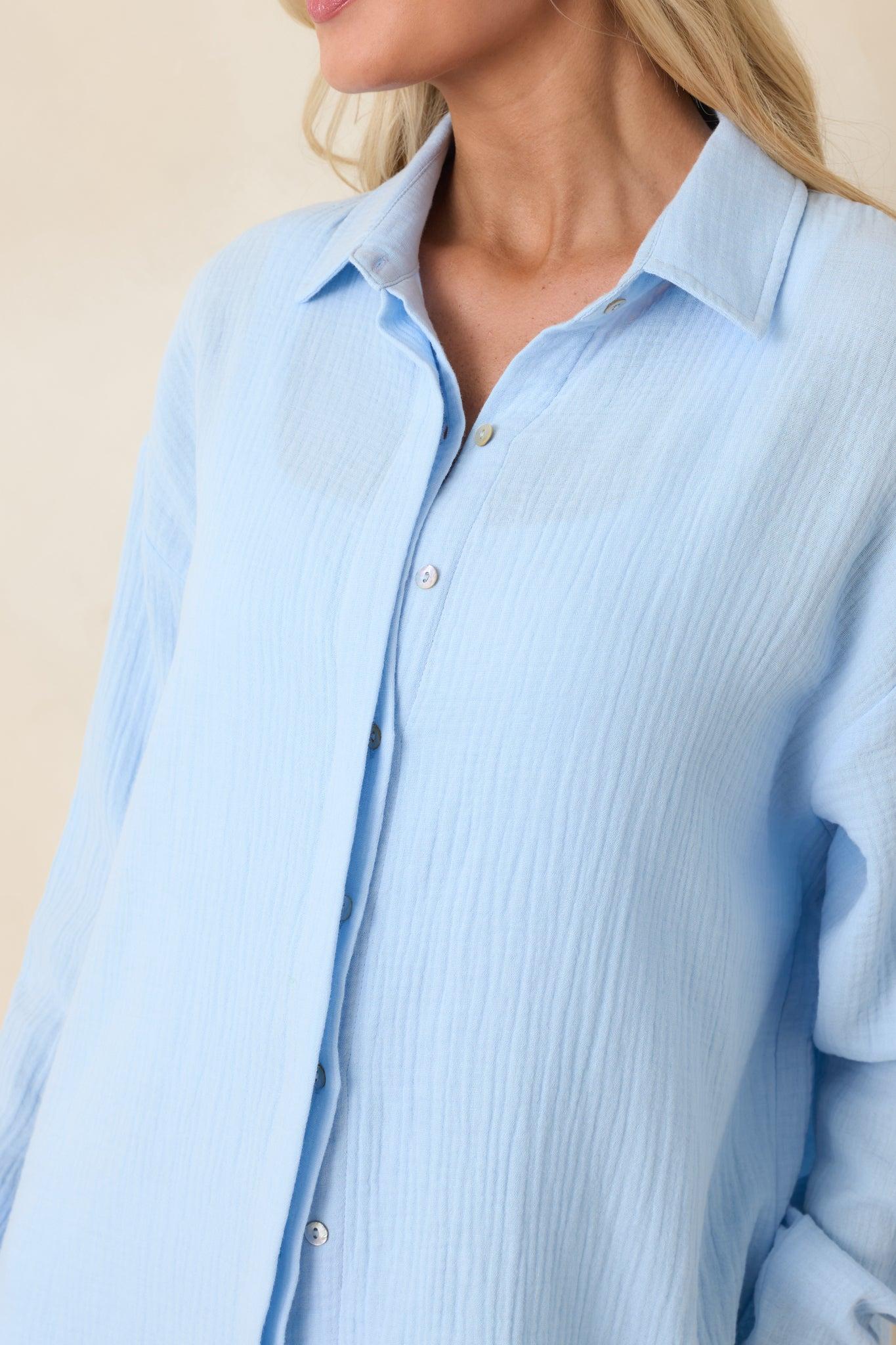 Paradisa Naples Oceana Blue Cotton Button-Up Top Product Image