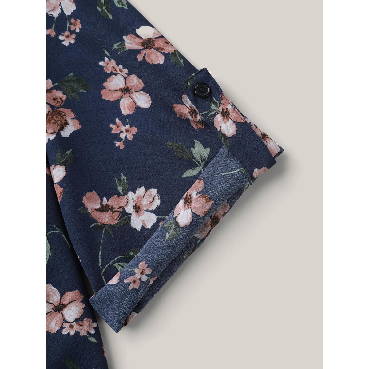 Plus Size Indigo Floral Print Tab Sleeve Pintuck Shirt Women Elegant Elbow-length sleeve Notched collar Everyday Blouses BloomChic 12/L Product Image
