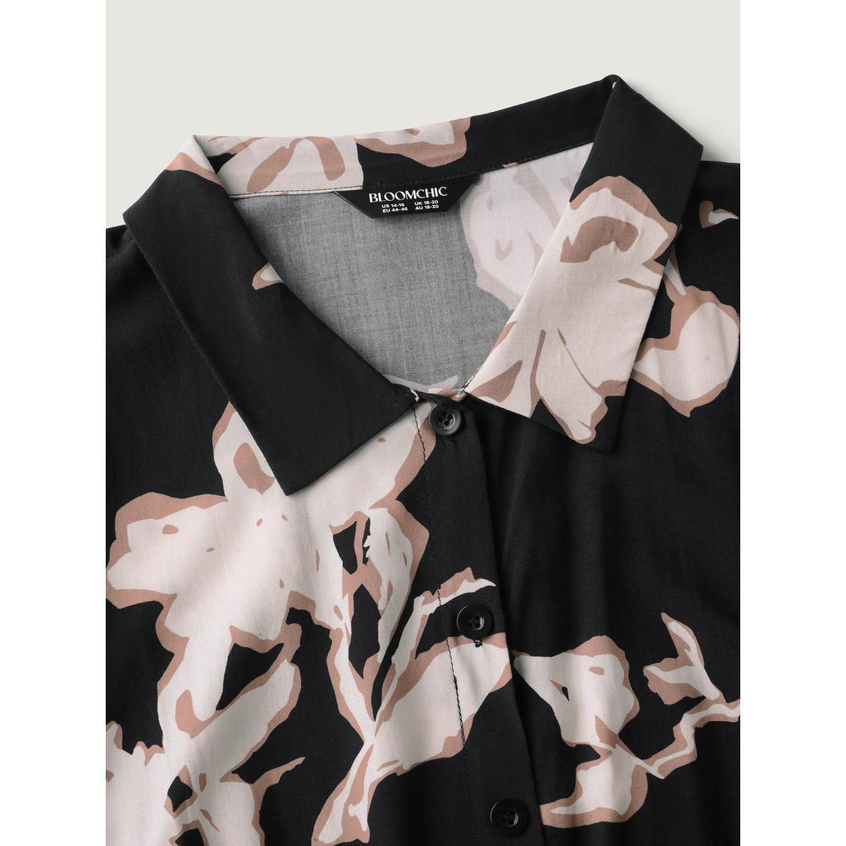 Plus Size Rayon Floral Stretchy Waist Pockets Midi Dress BlackFlower Women Shirt collar Short sleeve Curvy BloomChic 28/5X Product Image