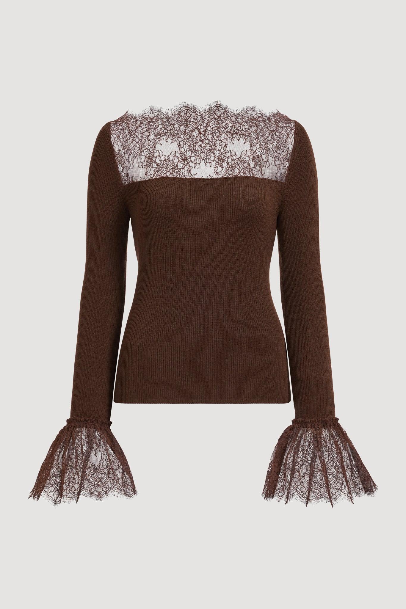 Genna Lace Knit Top-DARK CHOCOLATE / XXS Product Image