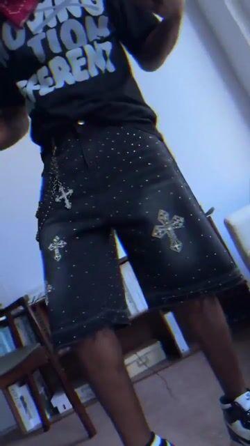 Hiphop Cross Hot Diamond Jorts Denim Shorts Product Image