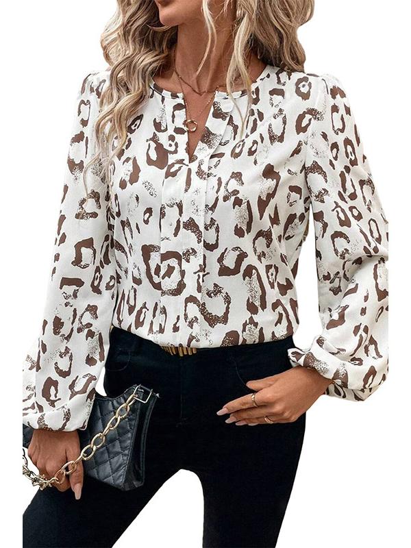 Long Sleeves Loose Contrast Color Elasticity Leopard V-Neck Blouses&Shirts Tops Product Image