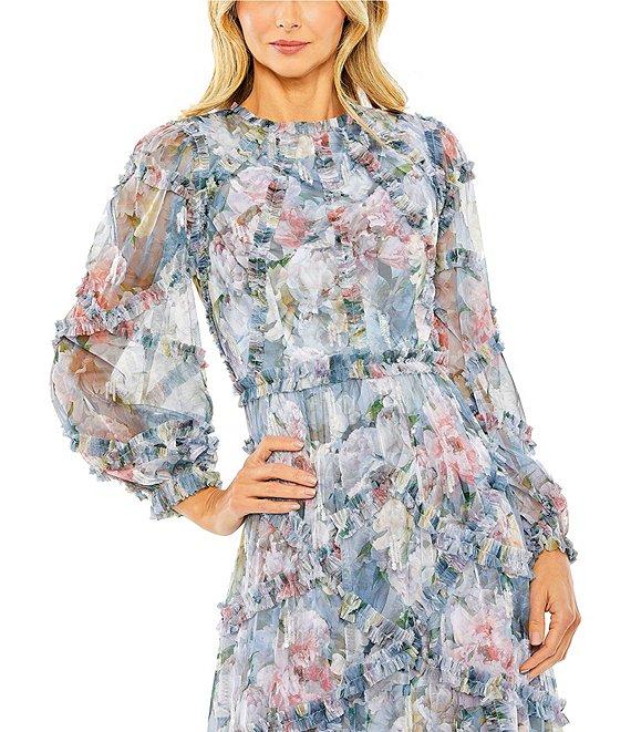 Mac Duggal Floral Print Chiffon High Neck Long Sleeve Ruffle Tiered A-Line Maxi Dress Product Image