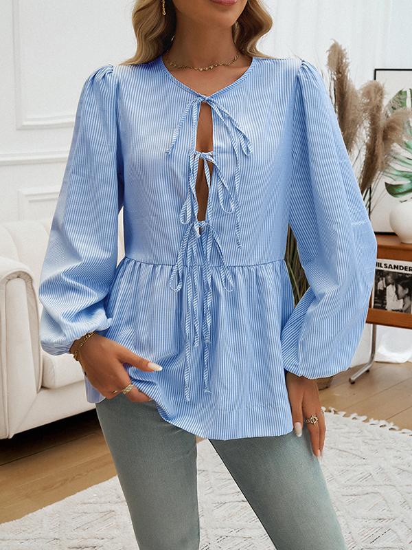 Long Sleeves Loose Elasticity Pleated Striped Tied Round-Neck Blouses&Shirts Tops Product Image