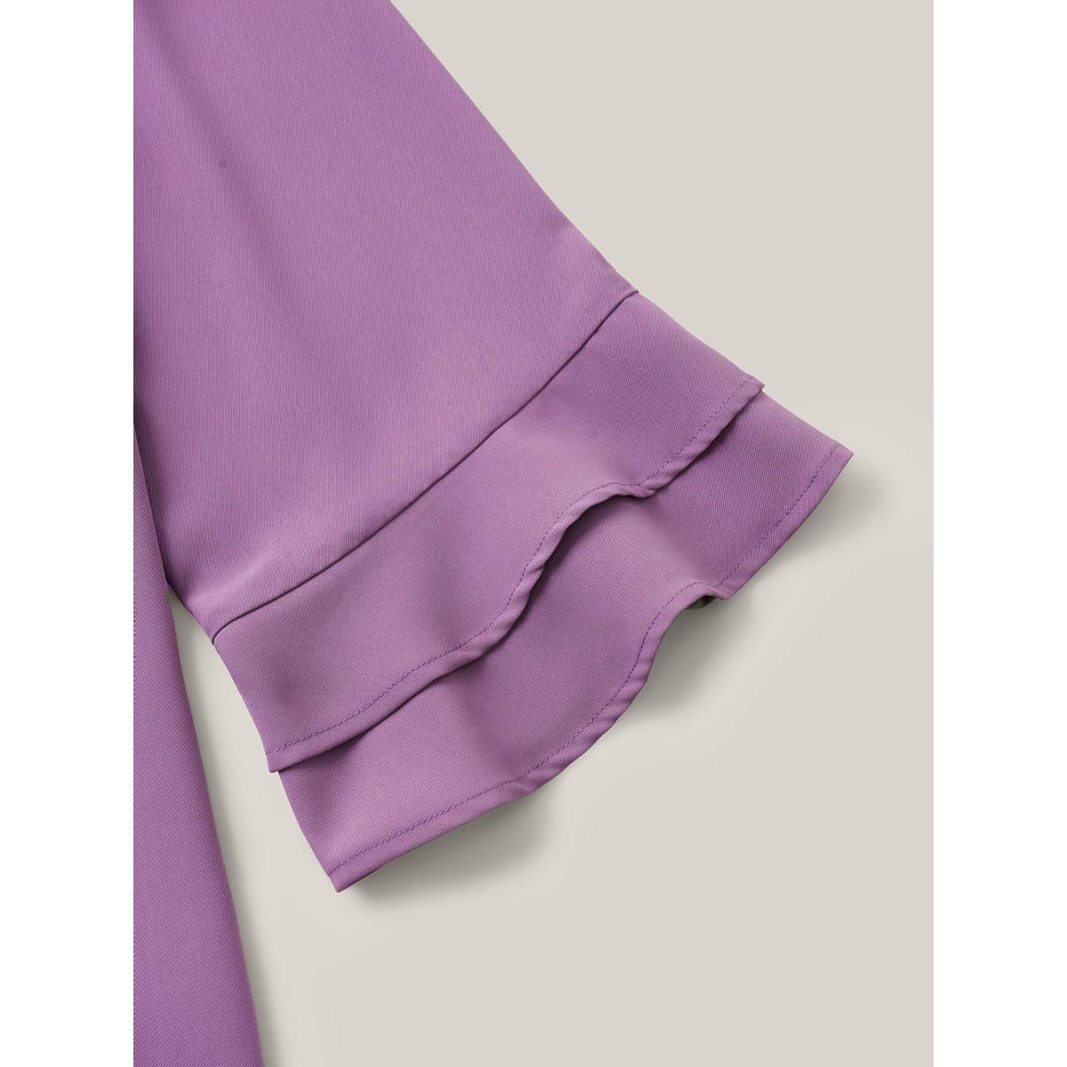 Plus Size Purple Solid Ribbon Tied Collar Bell Sleeve Blouse Women At the Office Elbow-length sleeve Ribbon-tied collar Office Blouses BloomChic 18-20/2X Product Image